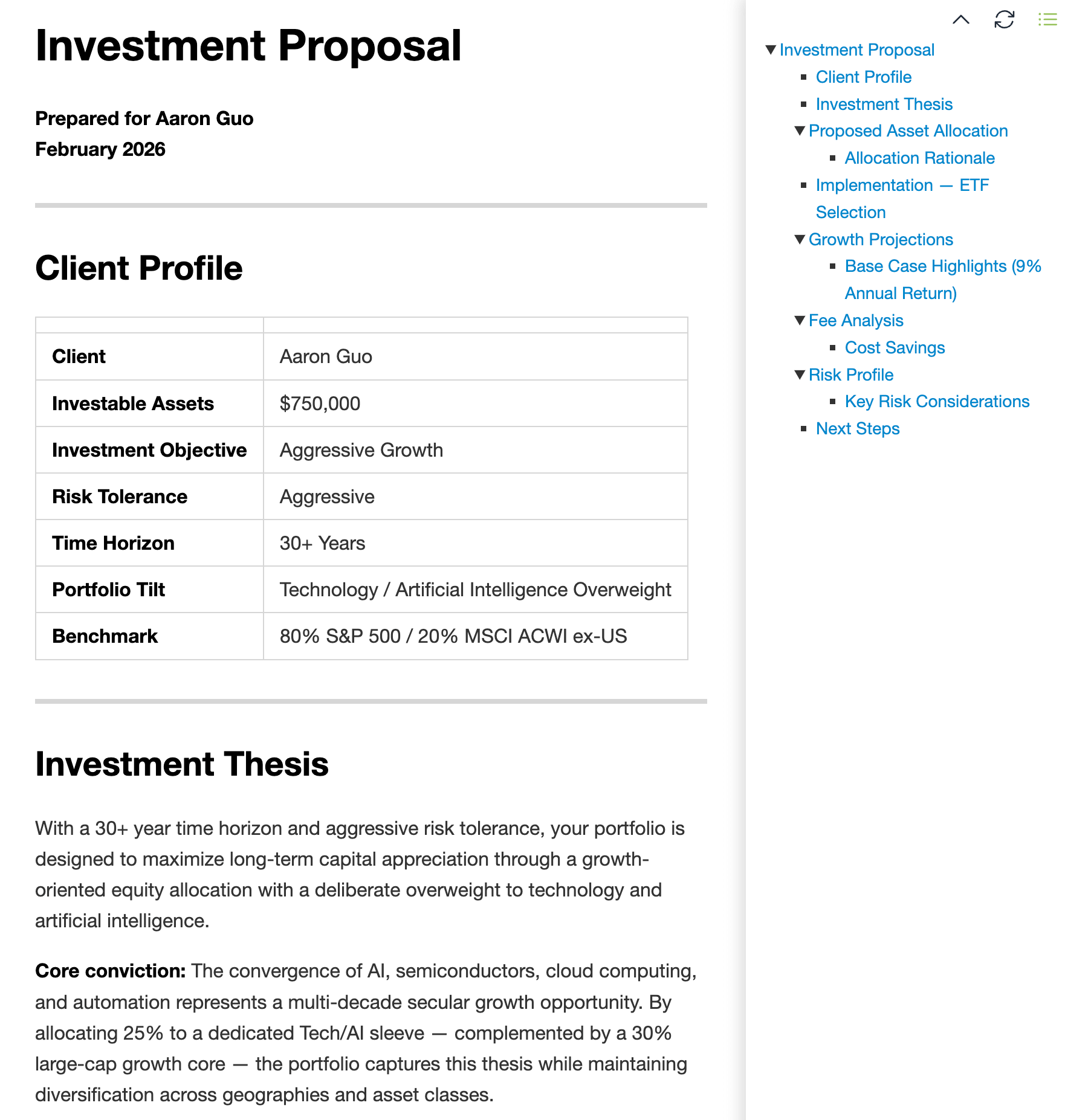 Output: personalized investment recommendation generated from the skill, formatted to firm standard