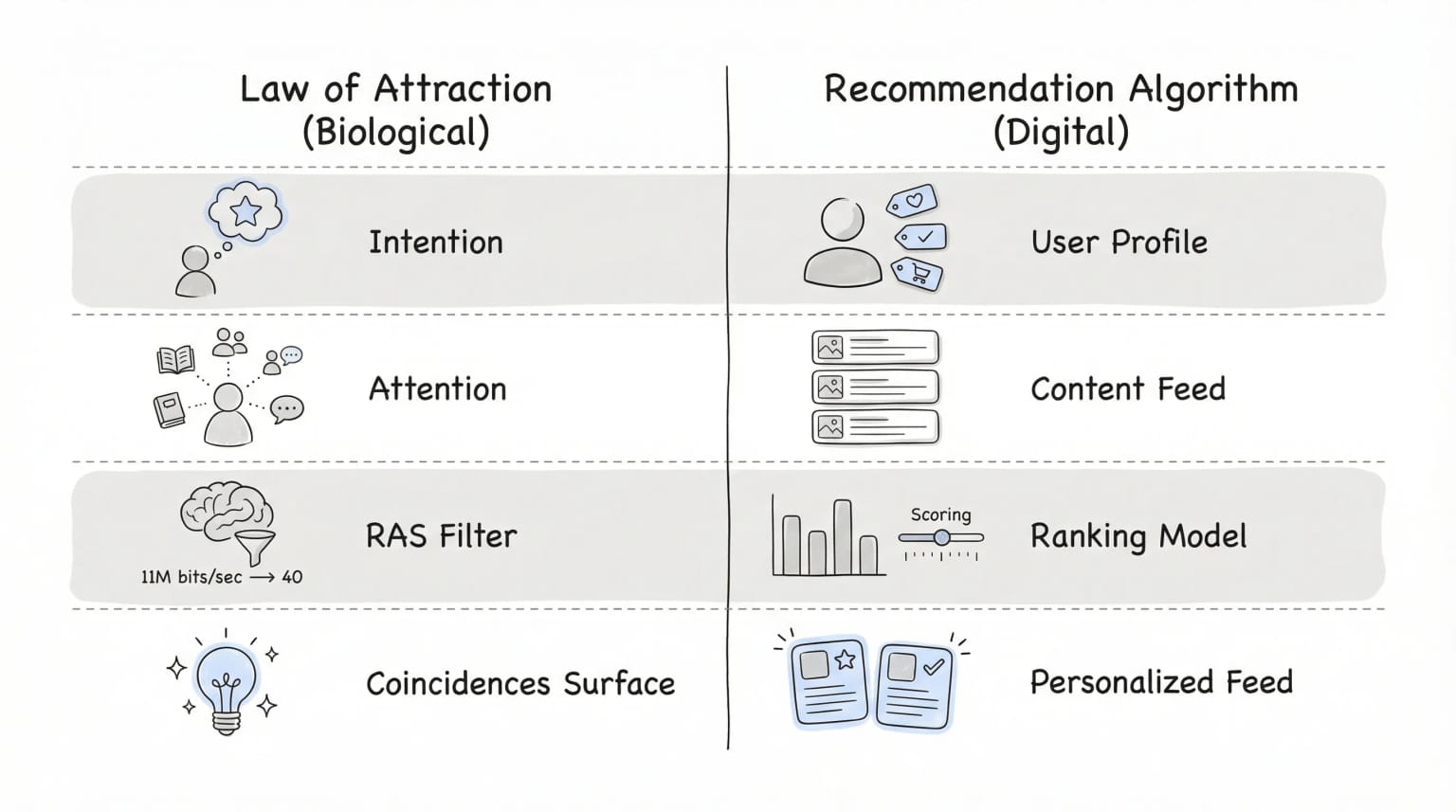 The Law of Attraction vs a Recommendation Algorithm — the same 4-step structure