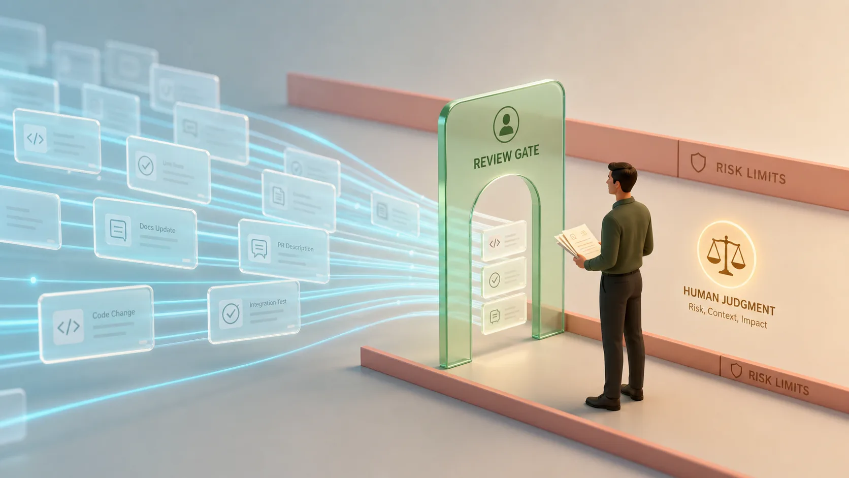 AI-generated work arriving faster than a human review gate can safely process