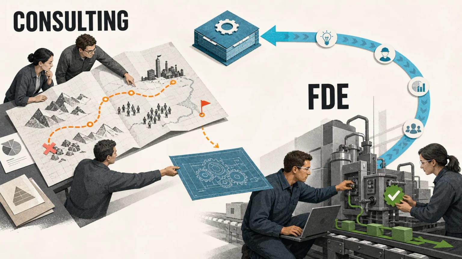 Consulting helps frame and drive the transformation while FDE keeps field problems connected to product engineering