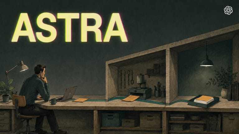 ASTRA launch lettering and OpenAI symbol above an illustrated workbench
