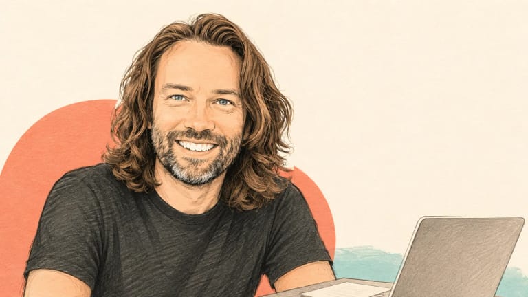 Editorial cartoon portrait of DHH with a laptop on a warm paper background
