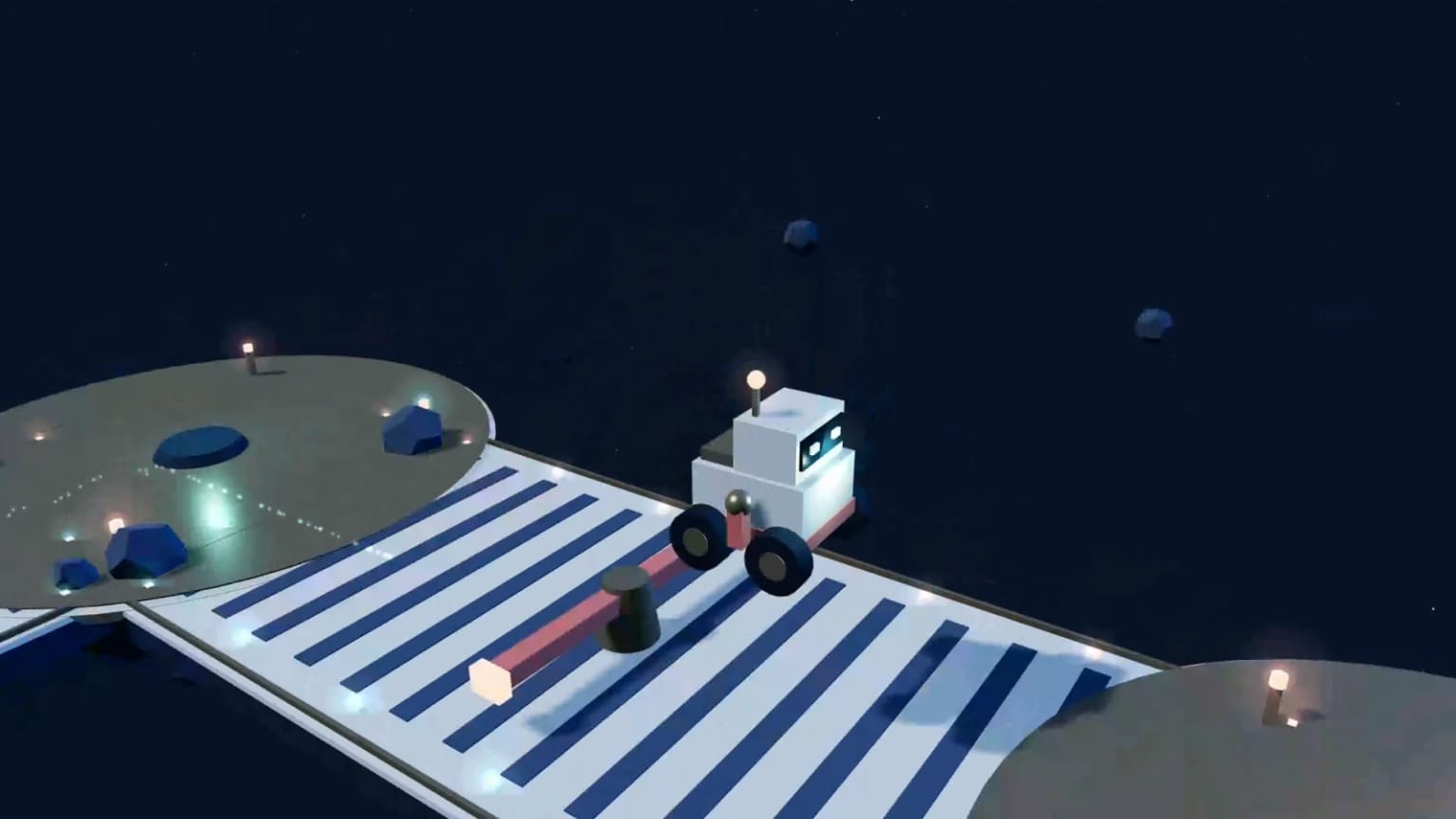 Actual night-shift capture: the courier clears a rotating obstacle