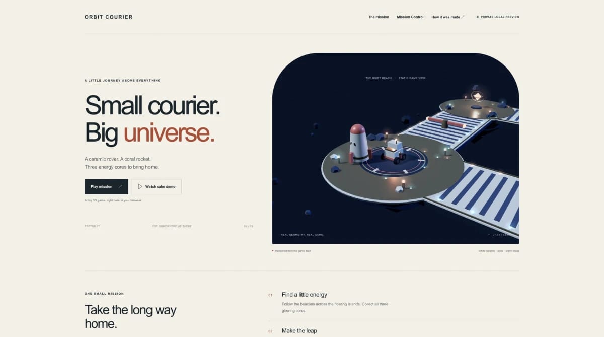 The actual Orbit Courier website, opened in the local browser