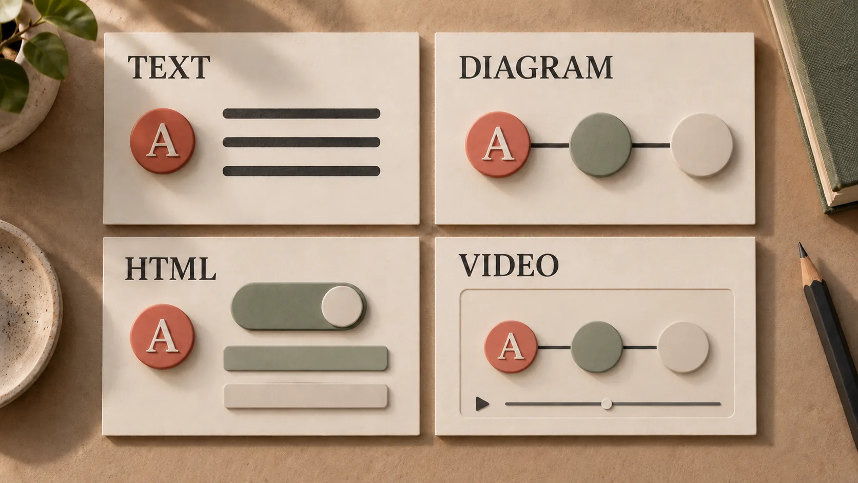 One question represented as text, a diagram, interactive HTML and video