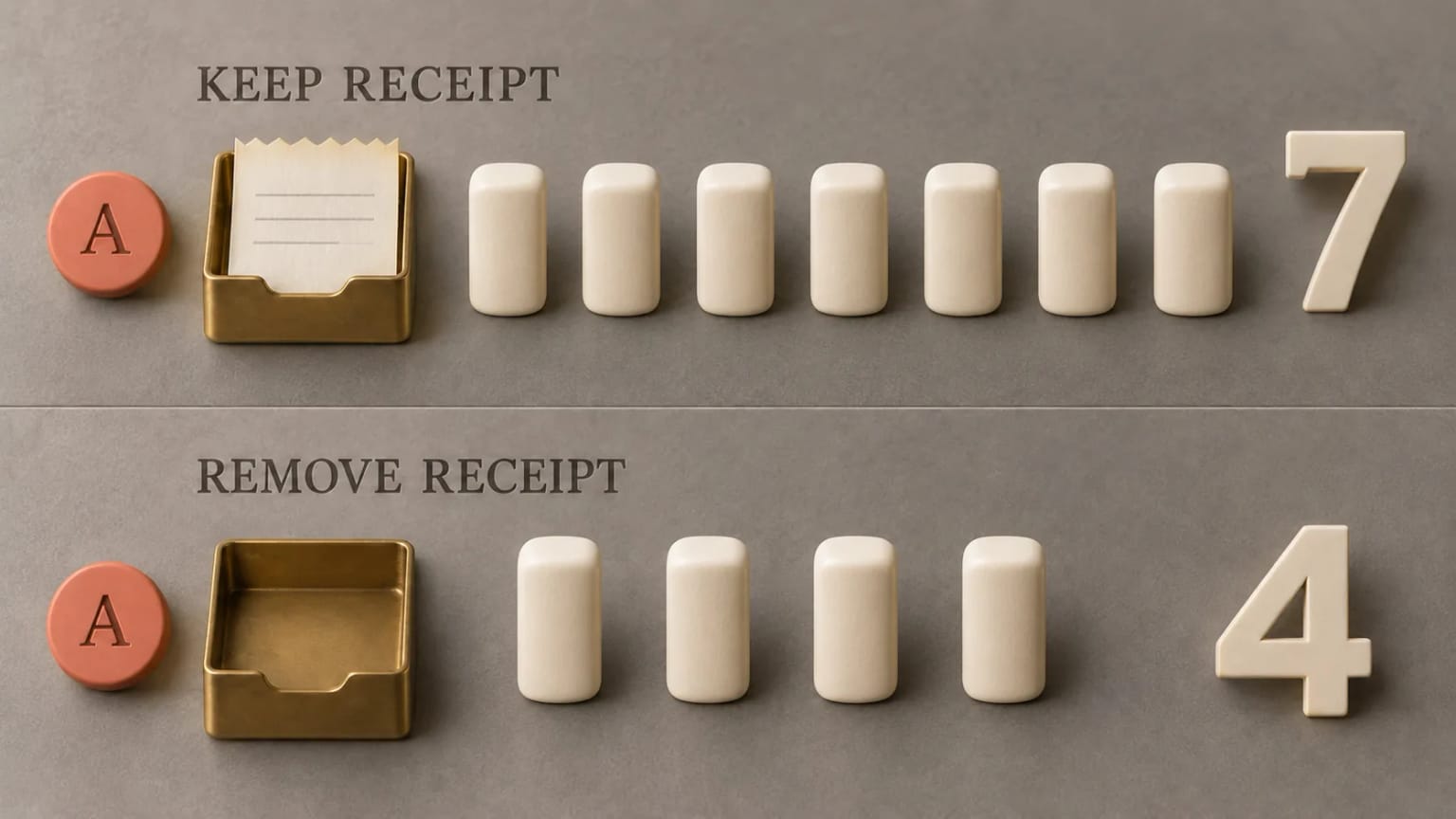 Seven stock pieces after retry with a saved receipt, four after retry without it, in the defined teaching model