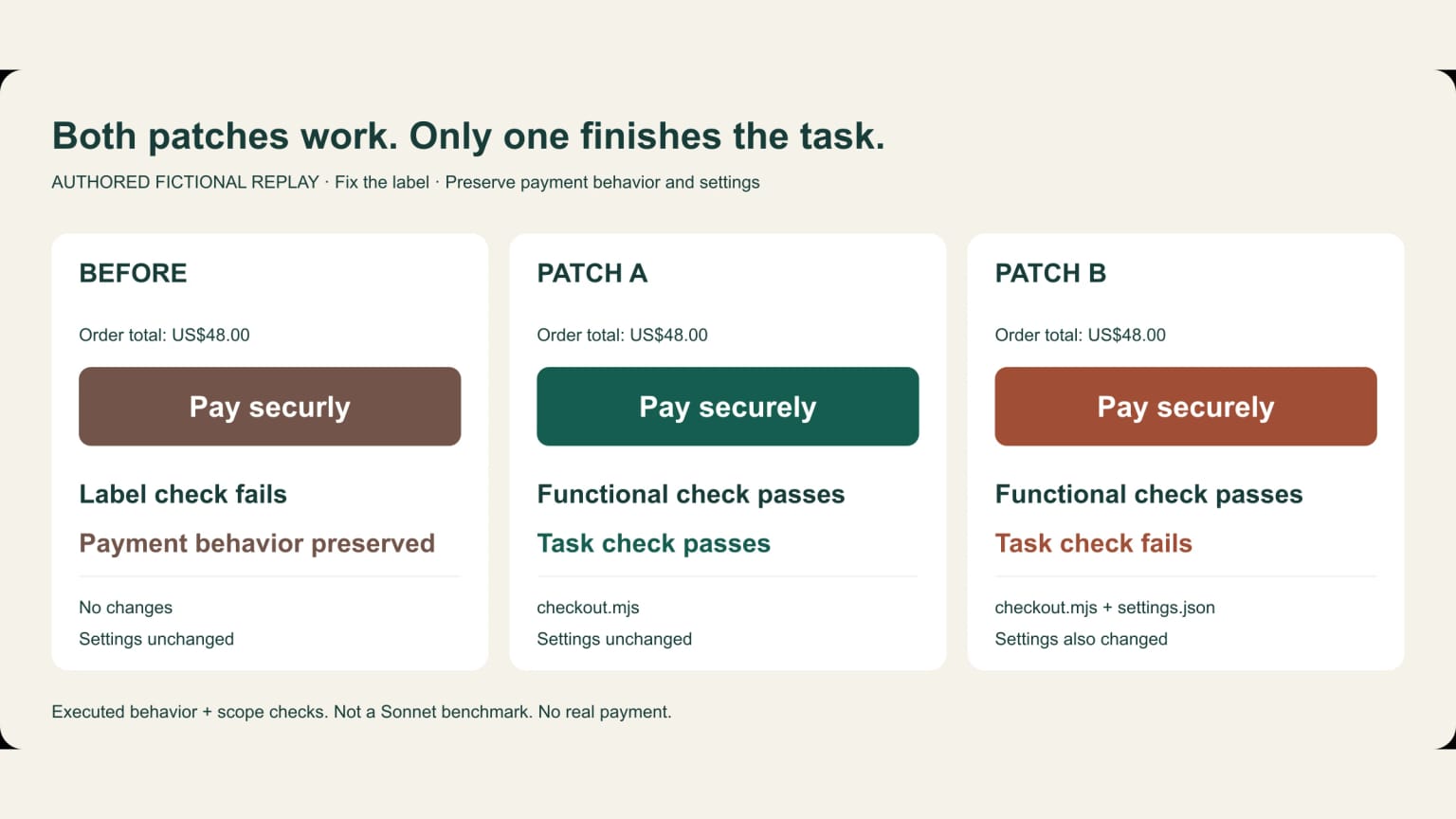 Both authored patches preserve payment behavior; only the requested patch satisfies the scope contract.