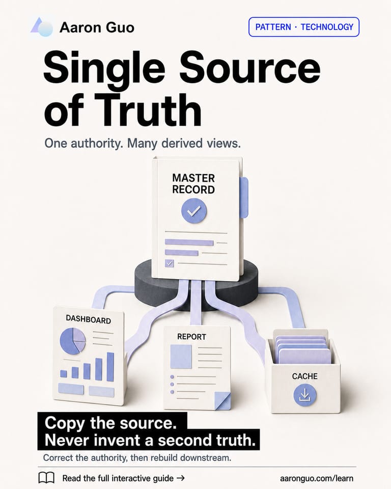 One paper master record on a dark pedestal branches into a dashboard, report, and cache, showing one authority feeding many derived views.