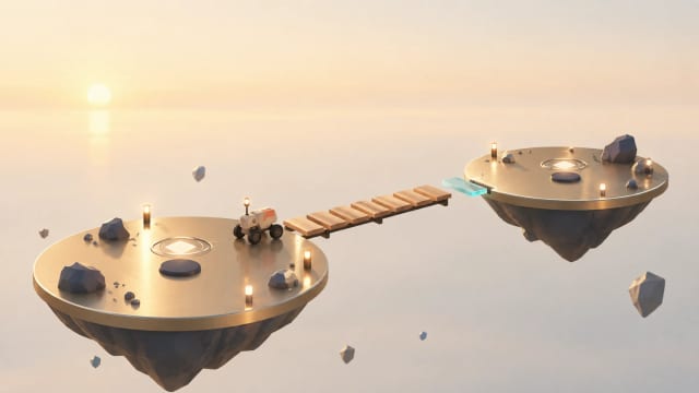 An illustrated ceramic rover waits on a floating island as a wooden bridge grows one plank at a time toward the next island