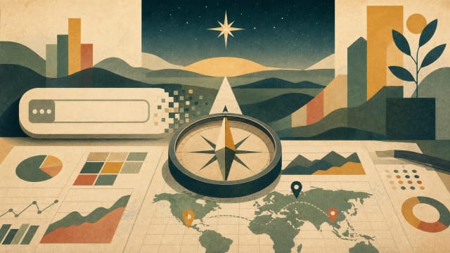A retro editorial illustration of a compass, market map, and AI prompt box pointing toward a strategic horizon
