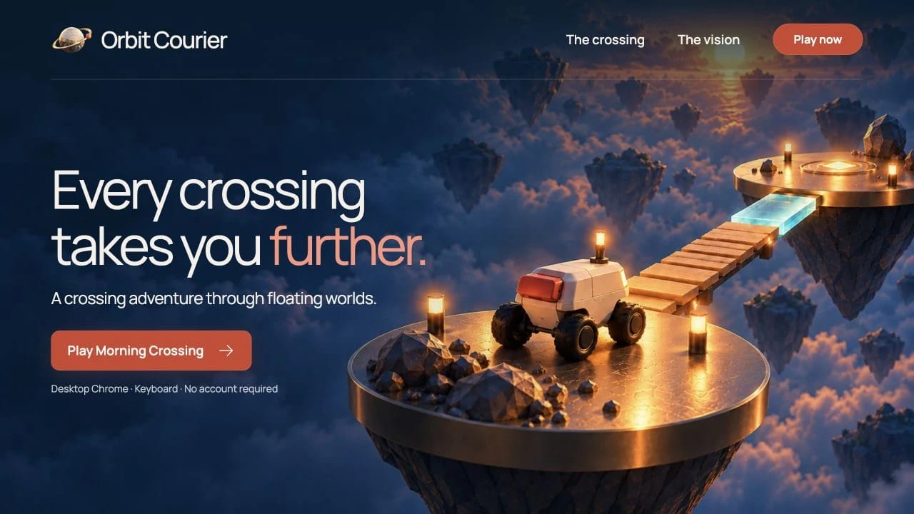 The released Orbit Courier website, with the selected logo and an entrance to Morning Crossing
