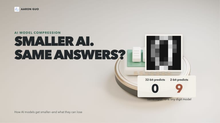 The same handwritten zero is classified as zero at32 bits and nine at2 bits, beside the title Smaller AI. Same Answers?