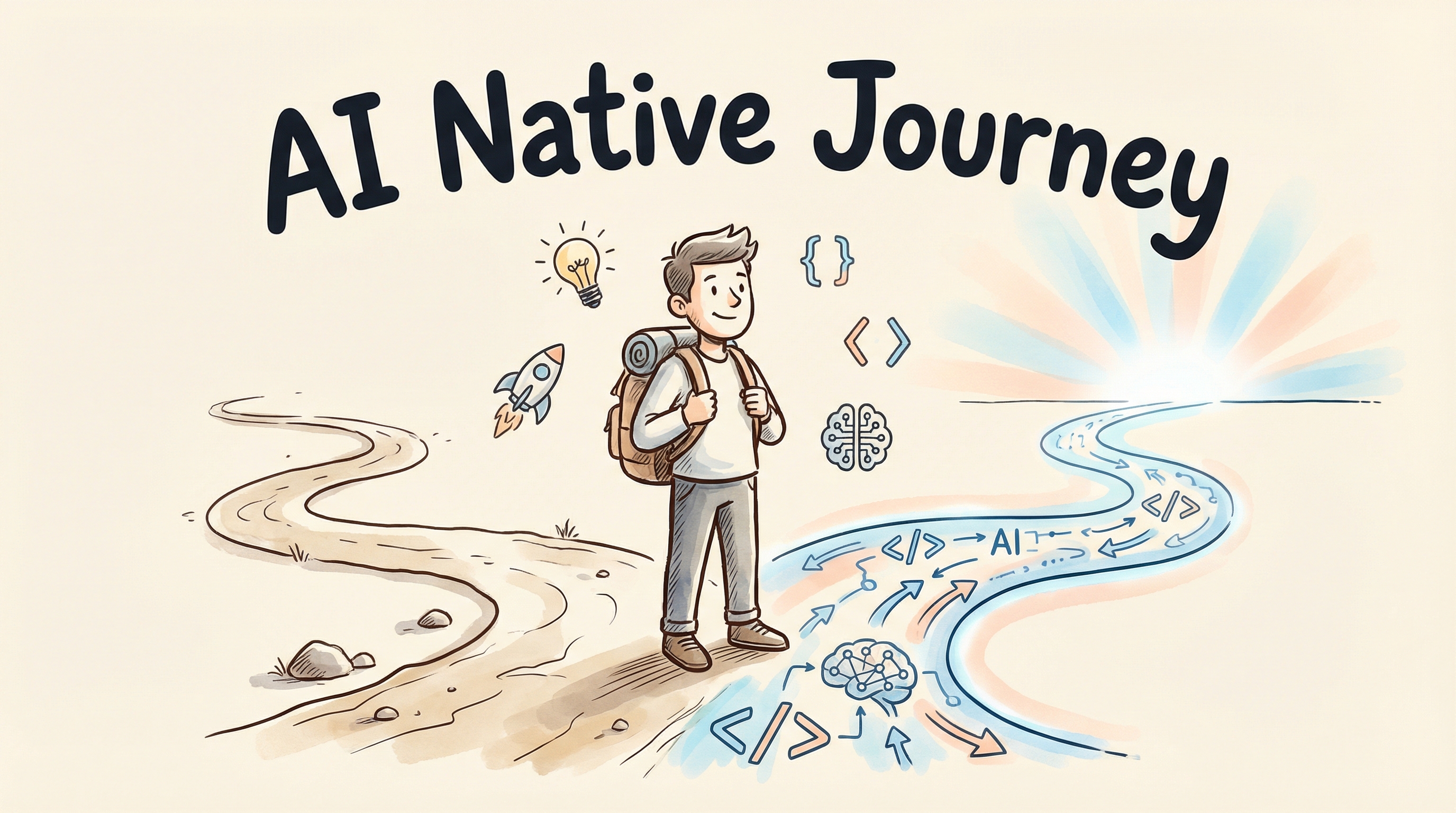 AI Native Journey - hand-drawn illustration of a person starting their AI journey