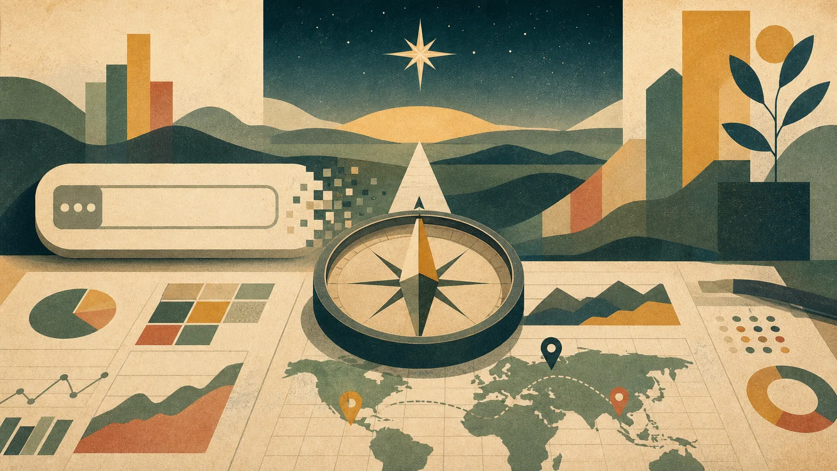 A retro editorial illustration of a compass, market map, and AI prompt box pointing toward a strategic horizon