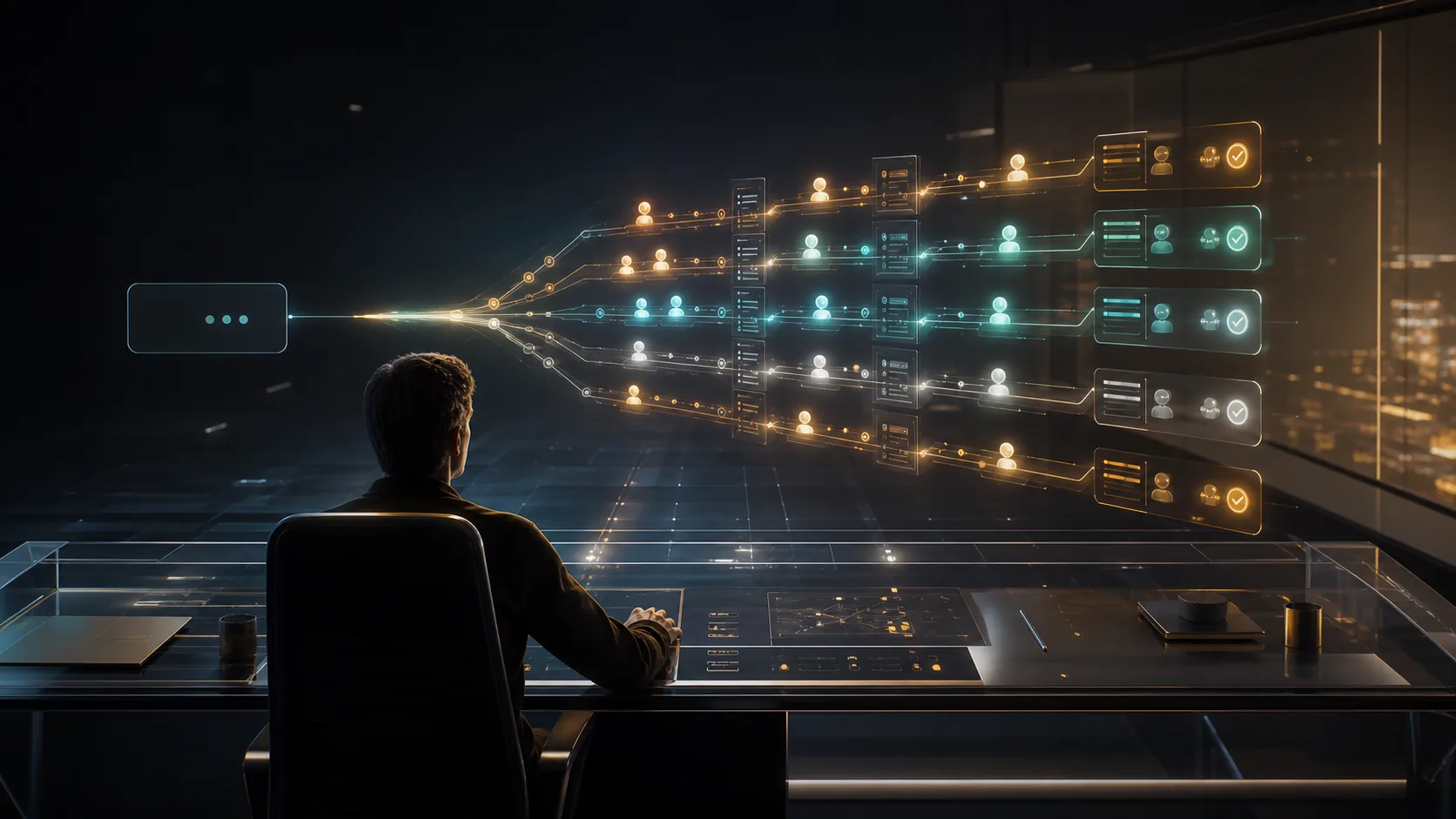 A human operator supervising multiple AI work streams from a control room