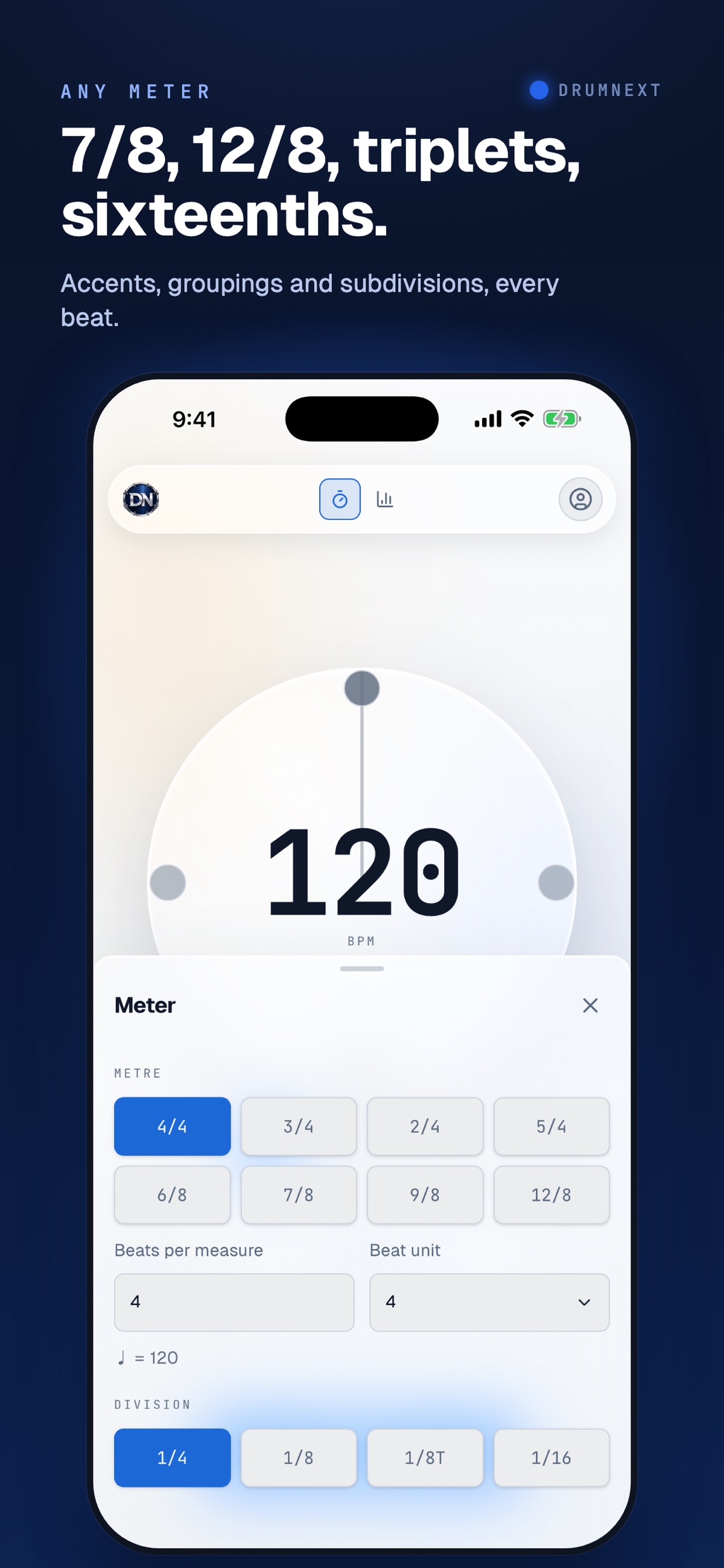 Official DrumNext App Store screenshot showing metronome, Gap trainer, or meter controls · 3
