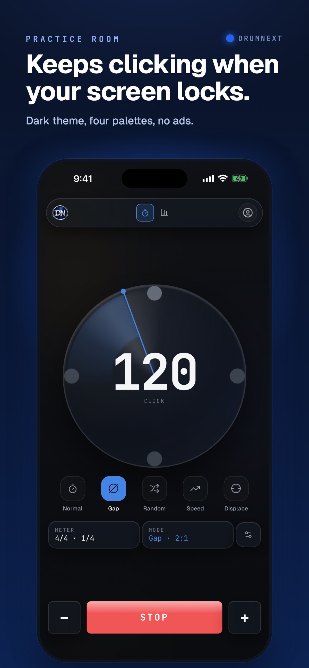 Official DrumNext App Store screenshot showing metronome, Gap trainer, or meter controls · 1