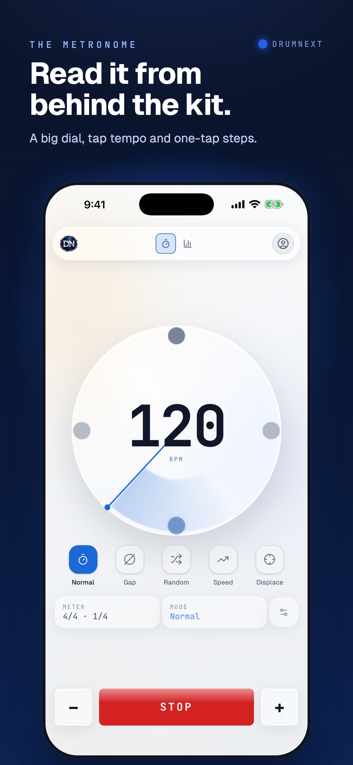 Official DrumNext App Store screenshot showing metronome, Gap trainer, or meter controls · 4