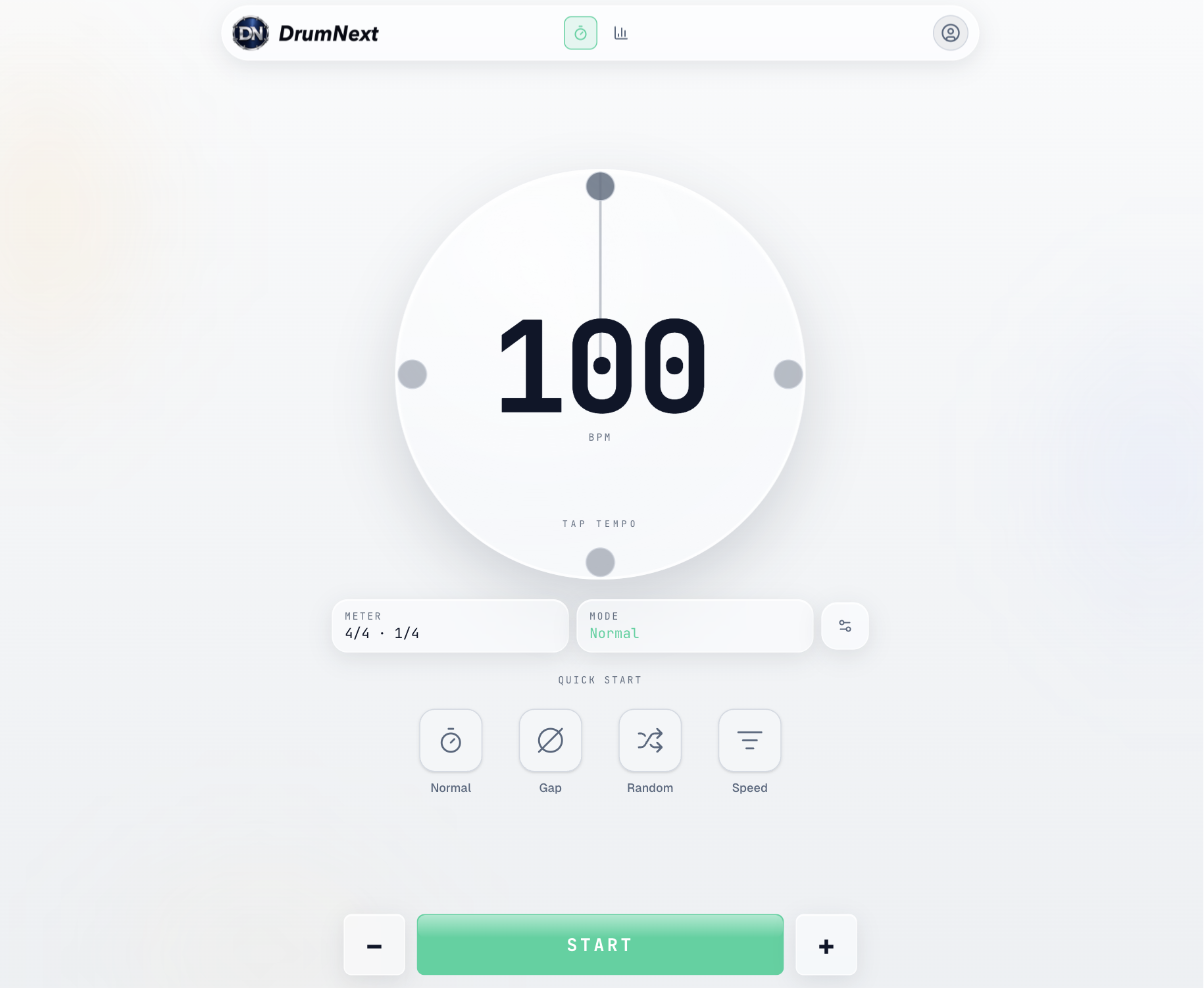 DrumNext's current metronome home screen with a 120 BPM dial, quick-start trainer modes, and practice controls.